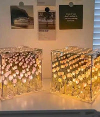 Artificial Tulips in Crystal Box (Square) – Handmade LED Flower Night Light